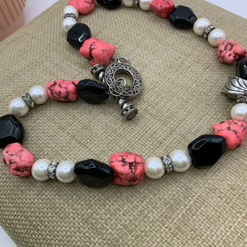 Howlite Pink Glass Beads Black Rhinestone Faux Pearls Silver Tone Cross Necklace